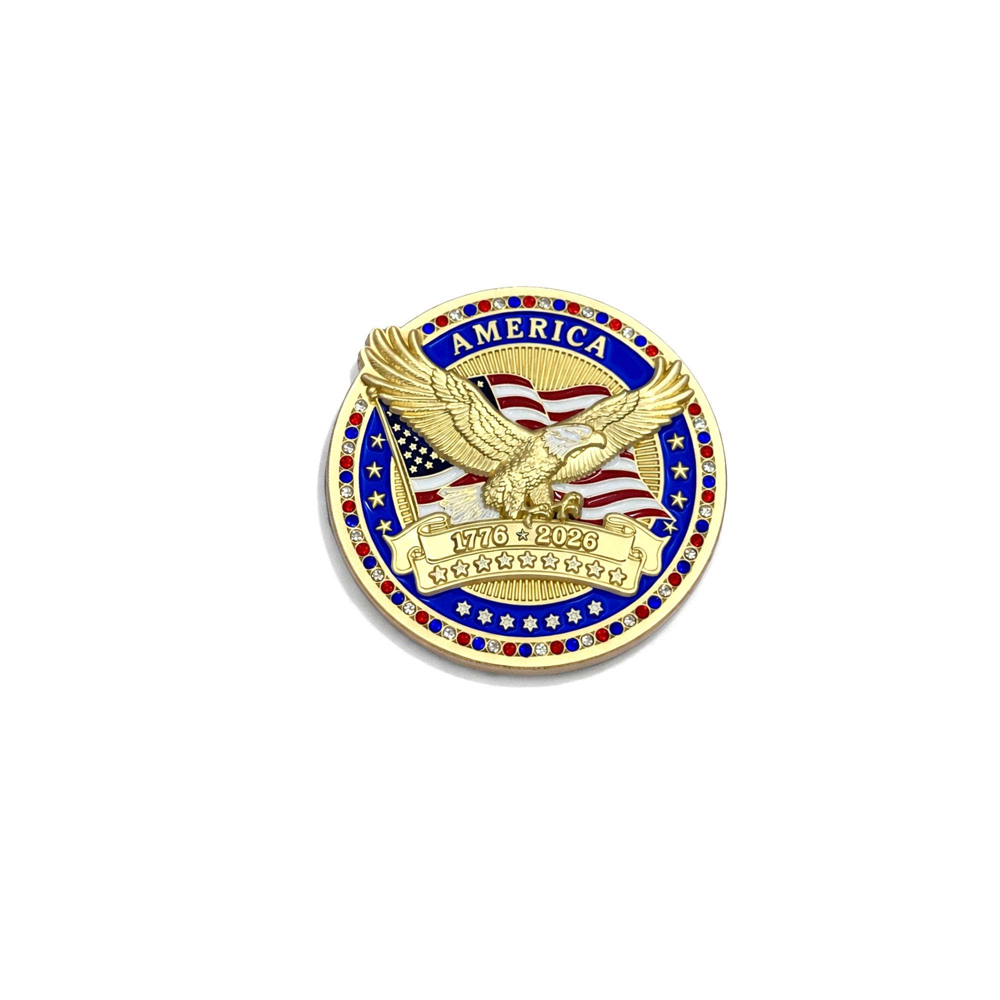 America250™ Gold-Plated Blue Premium Challenge Coins With Rubies, Sapphires, & Diamond
