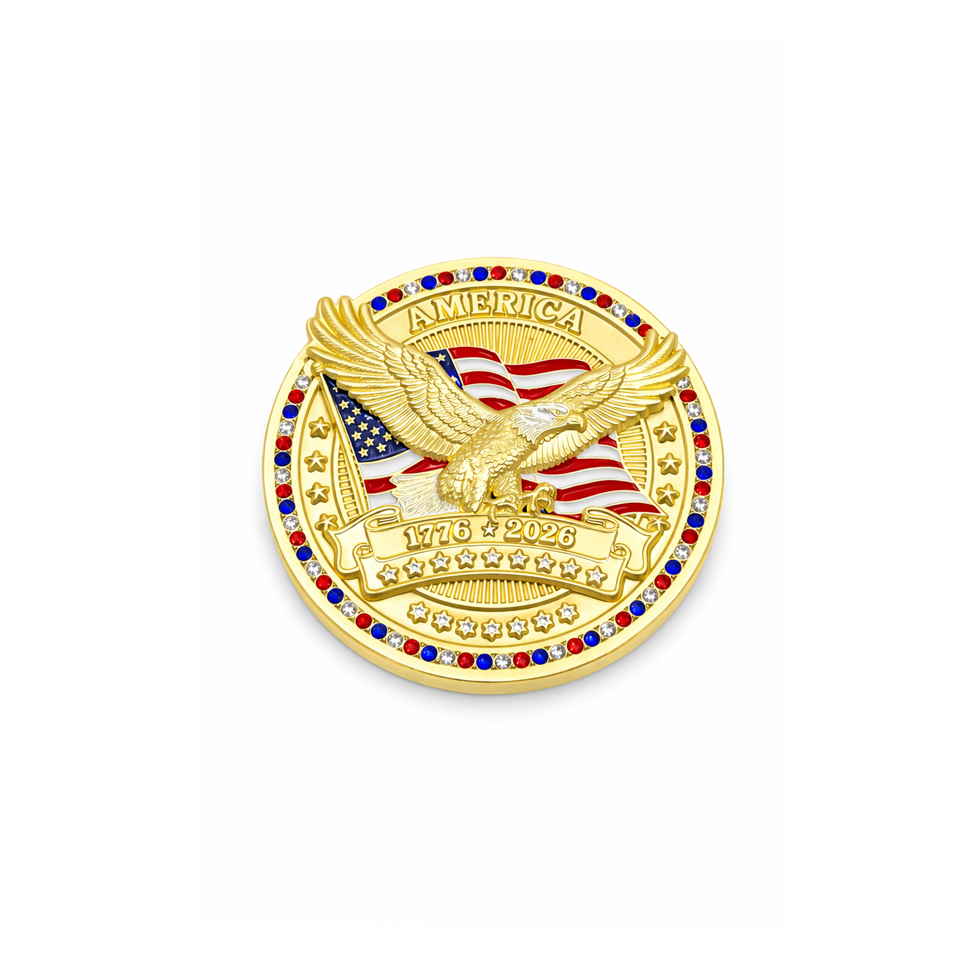 America250™ Gold-Plated Premium Coin with Rubies, Sapphires, and Diamonds