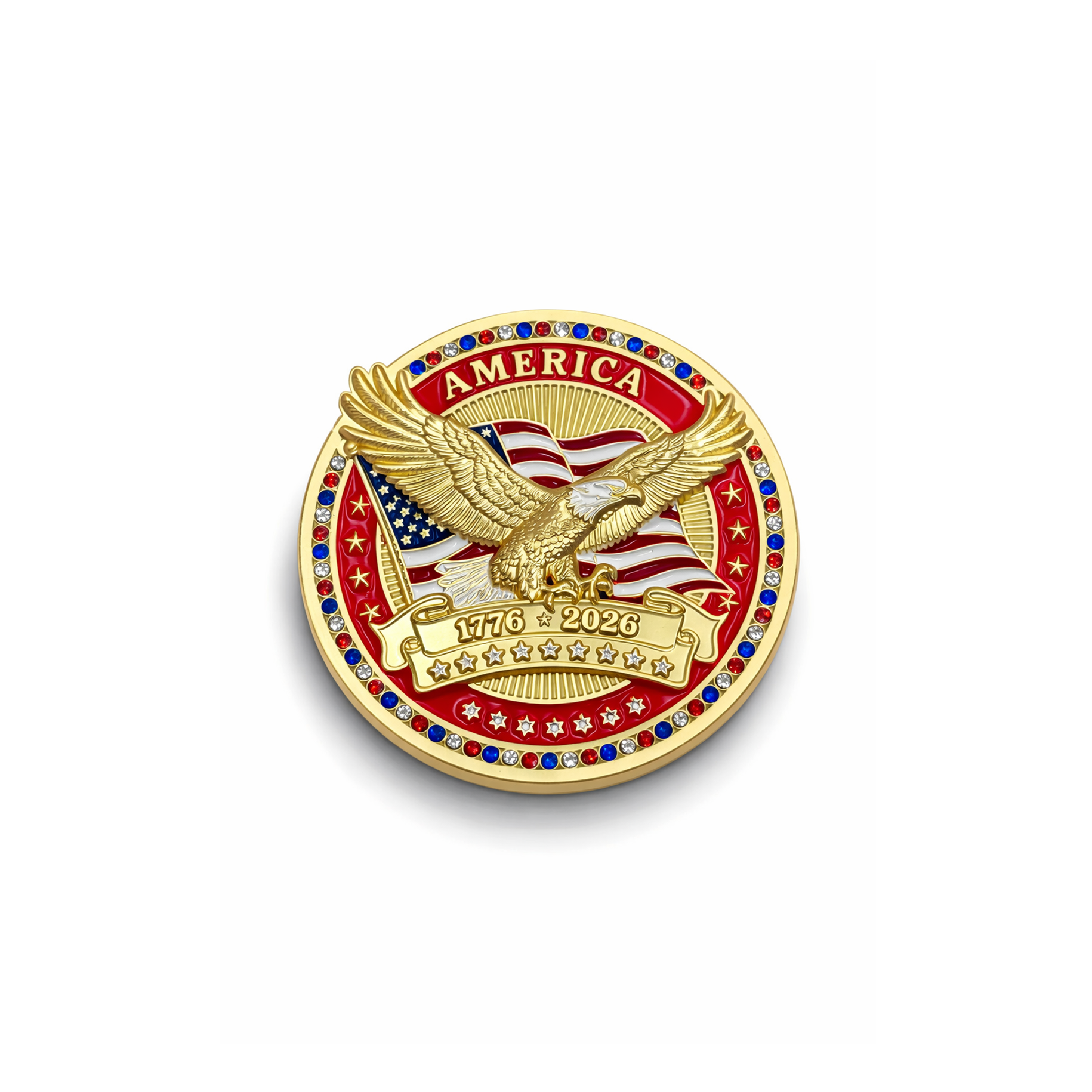 America250™ Gold Plated Red Challenge Coins With Rubies, Sapphires, & Diamond Box Set