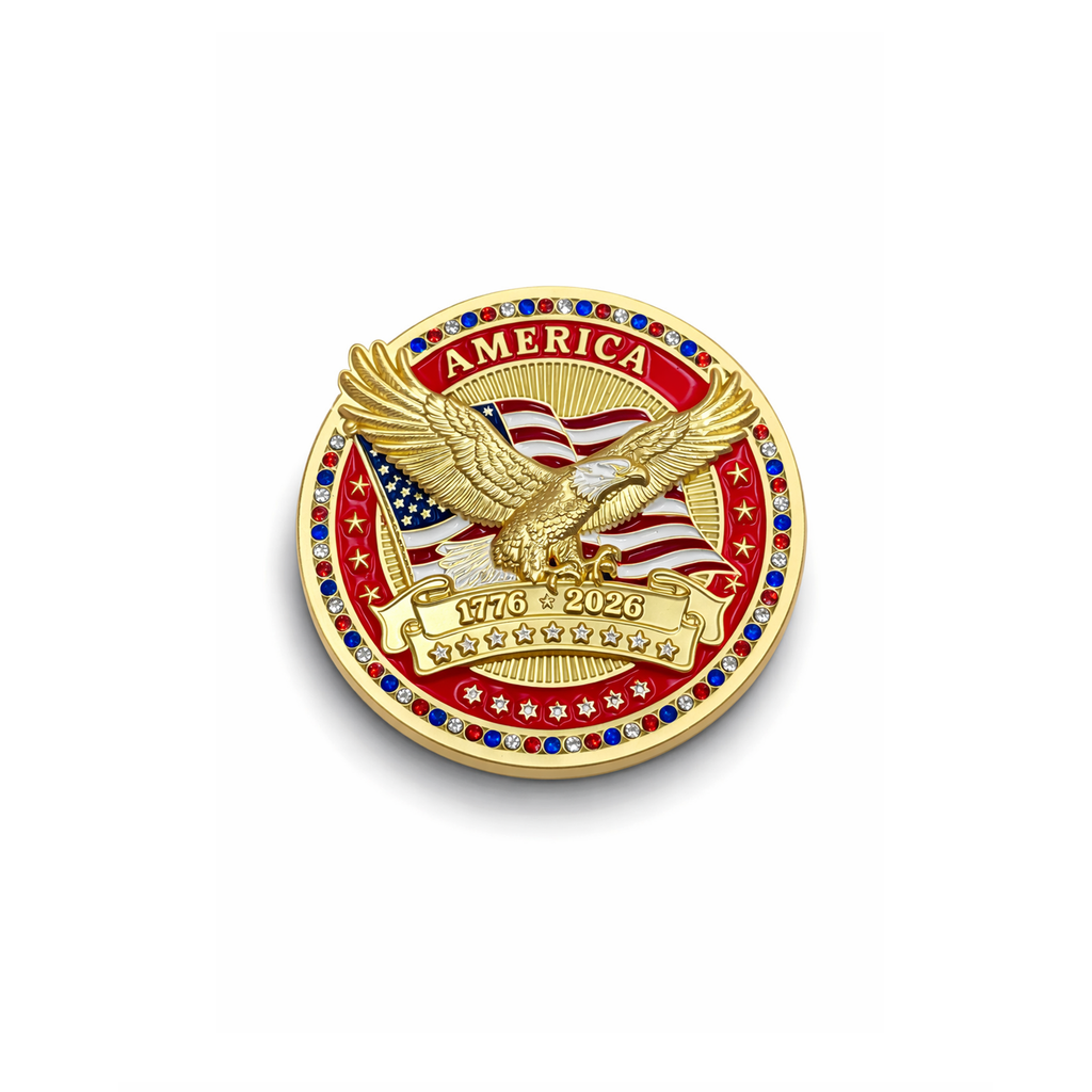 America250 Gold Plated Red Challenge Coins With Rubies, Sapphires, & Diamond
