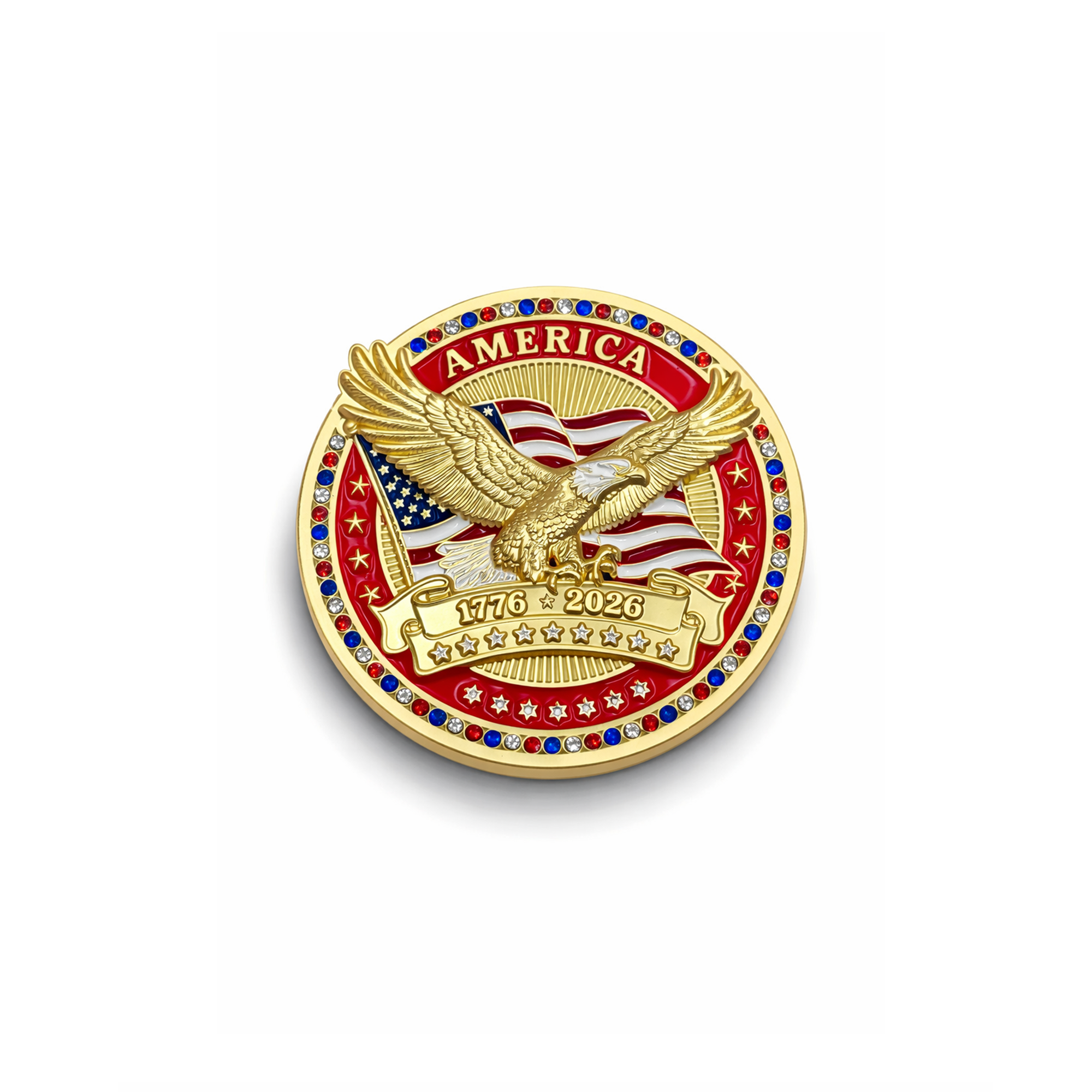 America250™ Gold Plated Red Challenge Coins With Rubies, Sapphires, & Diamond